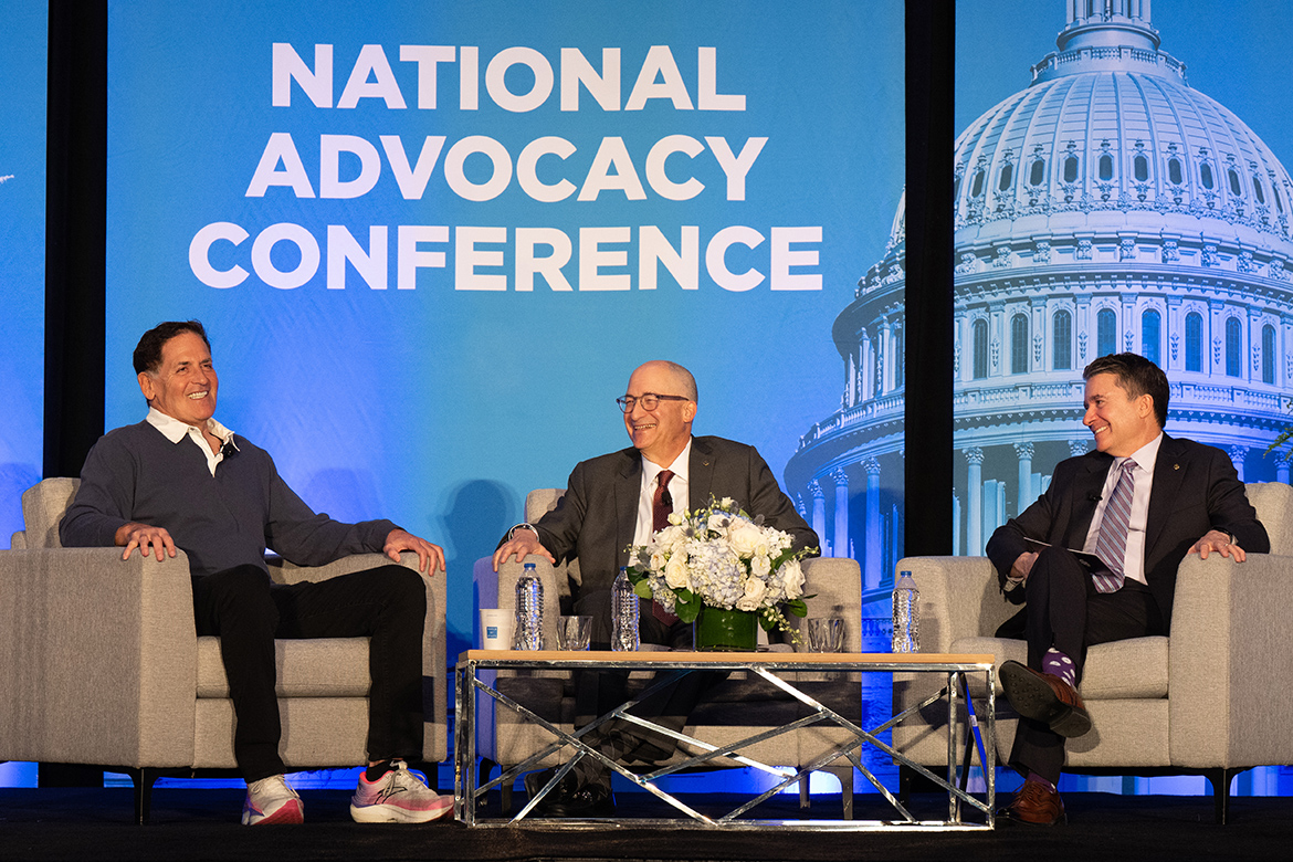 Mark Cuban, AMA Board Chair David H. Aizuss, MD, and CEO John Whyte, MD, MPH, at the 2026 AMA National Advocacy Conference