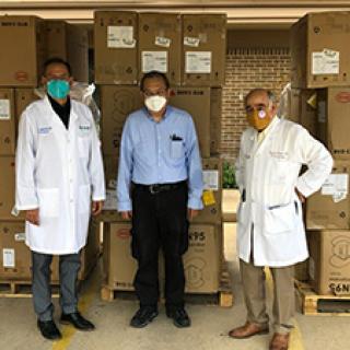Reynaldo Godines, MD, Sunny Wong, MD, and Eloy Zamarron, Jr., MD, with masks for the Webb-Zapata-Jim Hogg County Medical Society