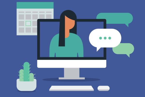Illustration of workspace with person having discussion on desktop computer screen