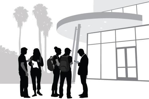 Sihouette vector illustration of a college building with students talking