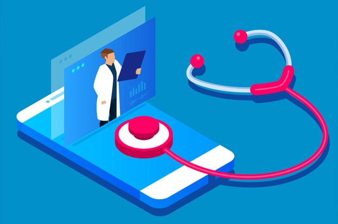  Illustration of a physician on a smartphone with a stethoscope