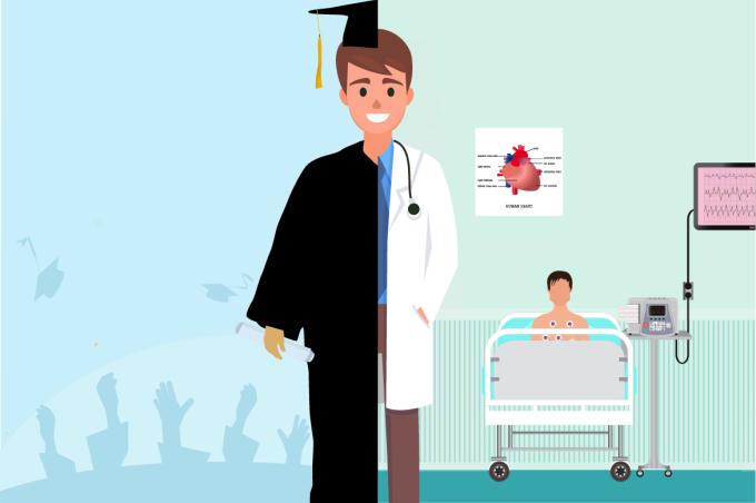 Graphic of a med school student transitioning into a physician. 