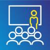 Icon-like drawing of a presentation, with a stylized yellow stick figure stands in front of a white board, in front of a stylized white stick person audience.