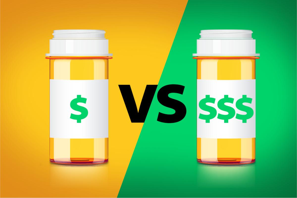 Graphic image of pill bottles with different money signs on them. 
