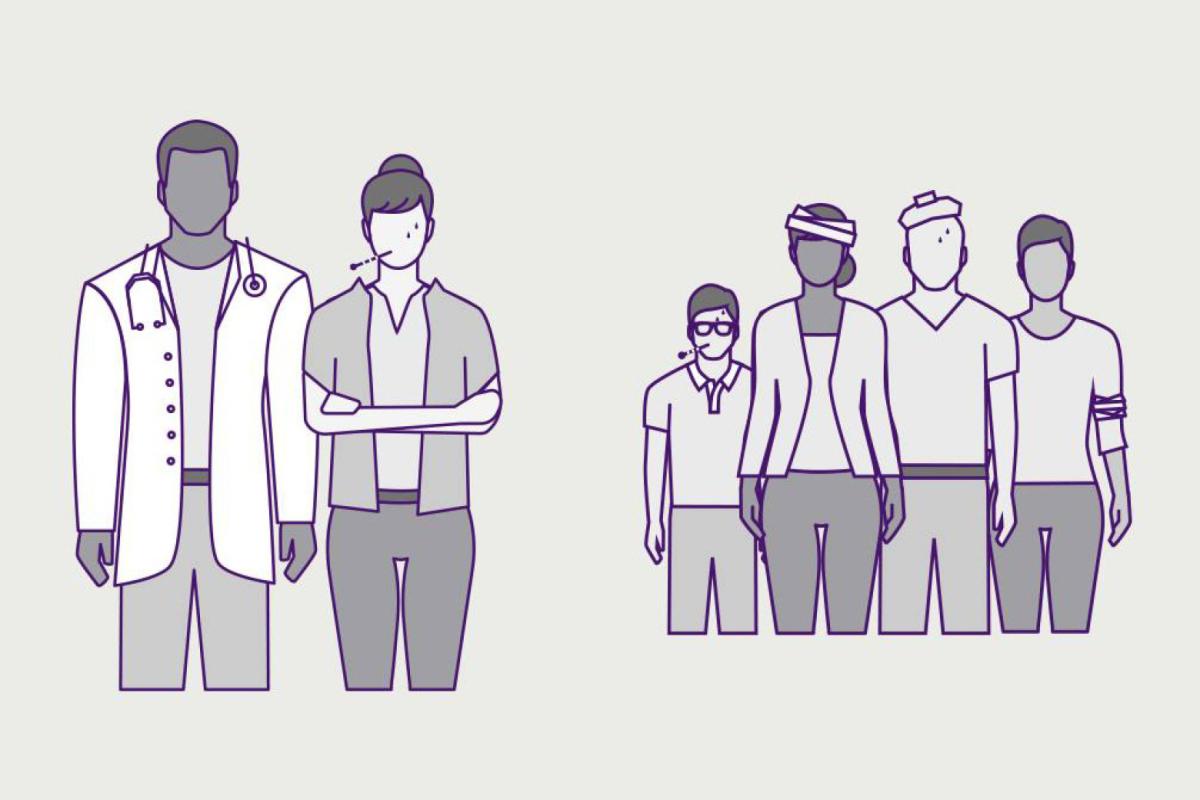 Illustration of doctor standing with a group of sick patients