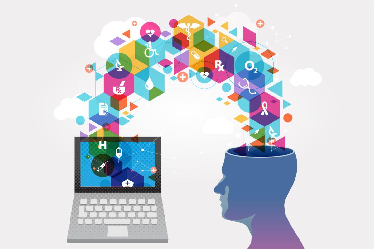 Colorful balls of information moving from a laptop to a person's head.