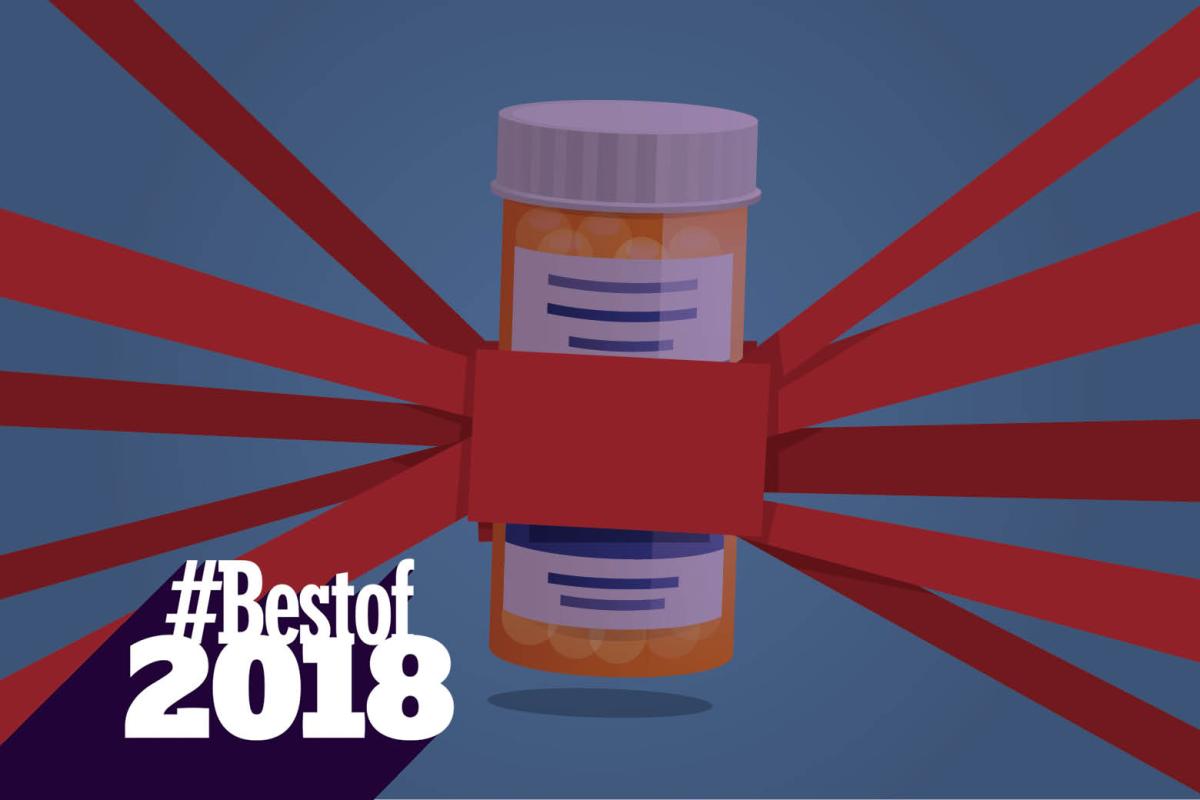 Prescription medicine bottle wrapped in red tape