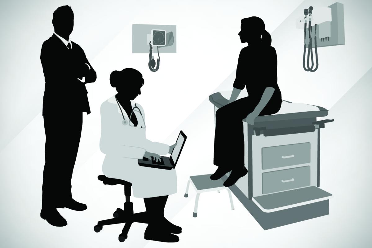 Doctor and patient in exam room with man looming in background