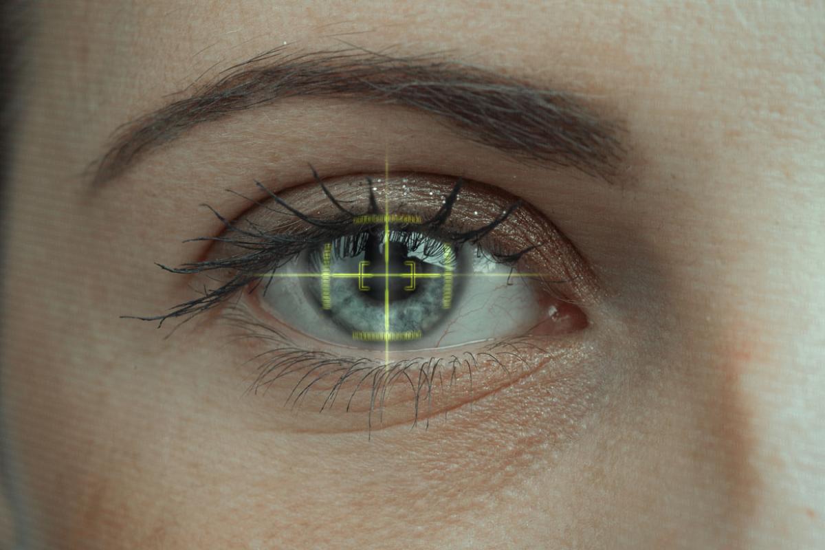 Eye with overlay of digital markings and lines