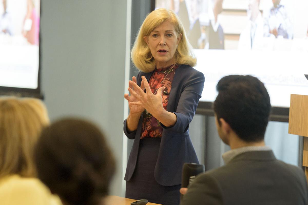 Elizabeth Teisberg, PhD, giving a presentation at the AMA headquarters on high-value, relationship-centered care