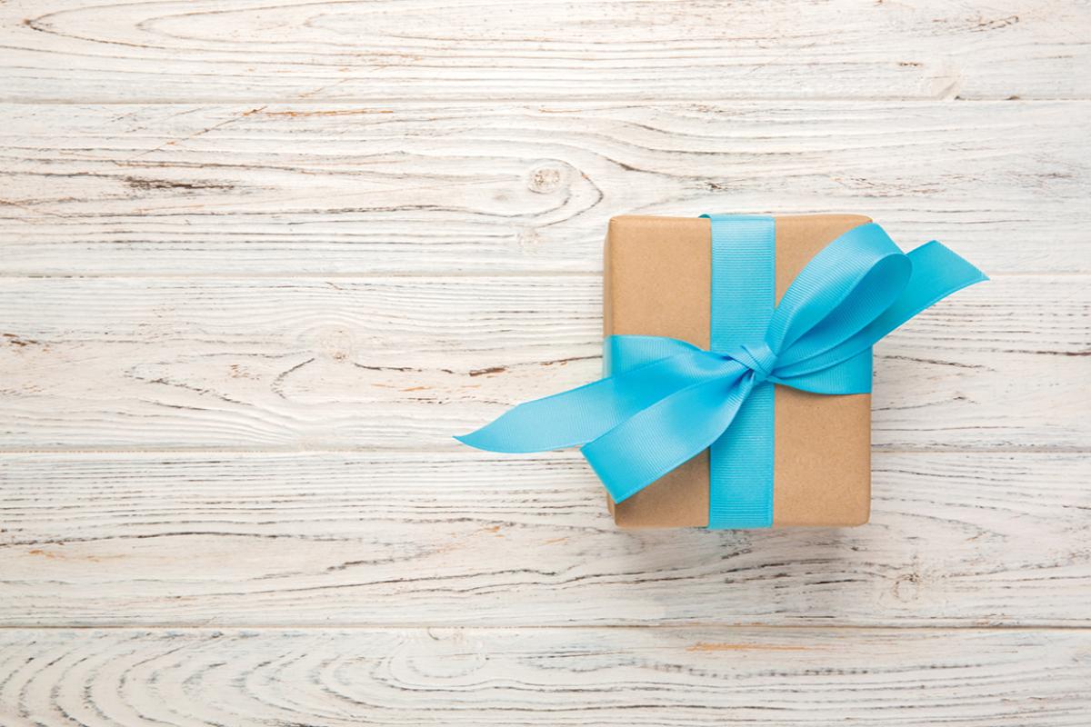 Wrapped gift sitting on table