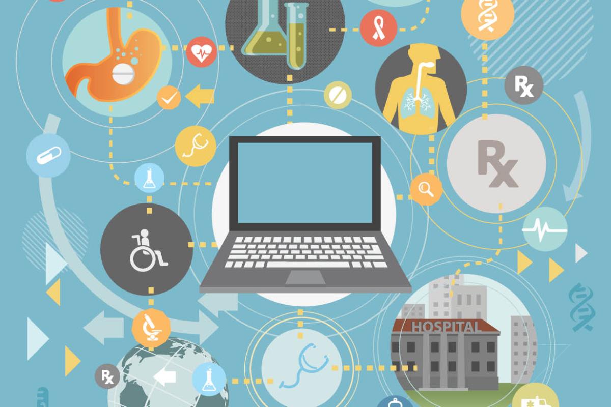 Laptop surrounded by medical graphics