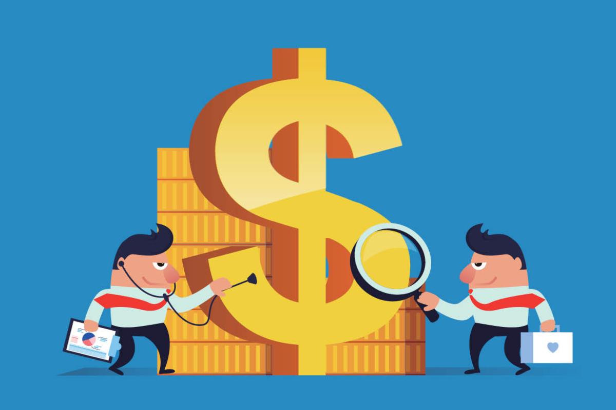 Illustration of two men looking at the dollar sign