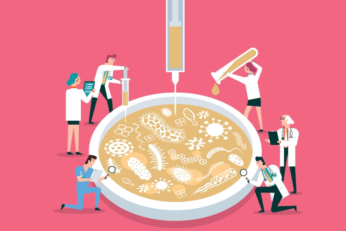 Graphic of doctors around a petri dish