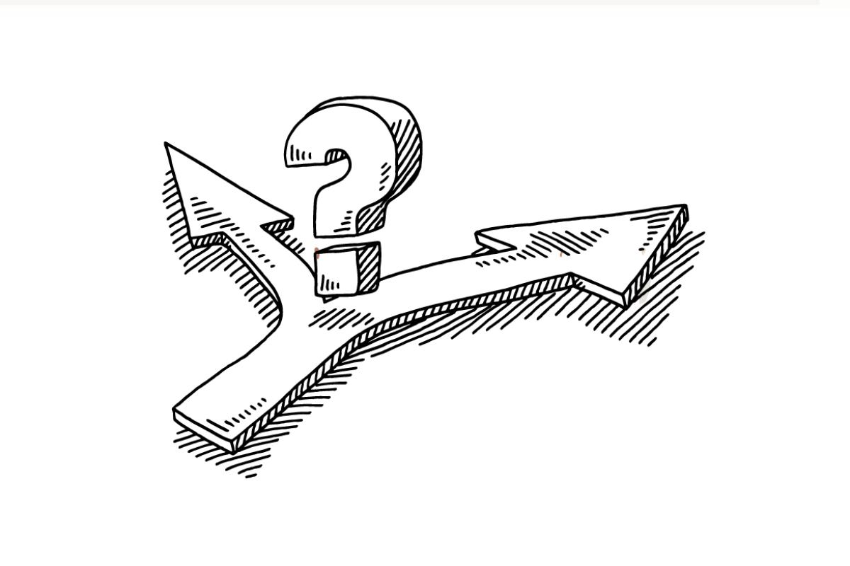 Arrows going in separate directions with a question mark between