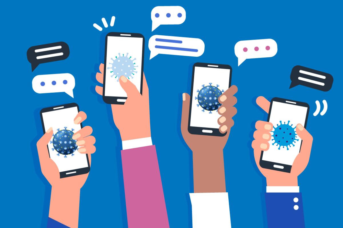 Graphic of hands holding smartphones