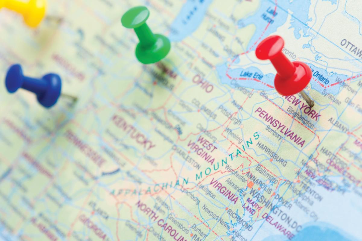 Close-up of map of Appalachian region with pushpins