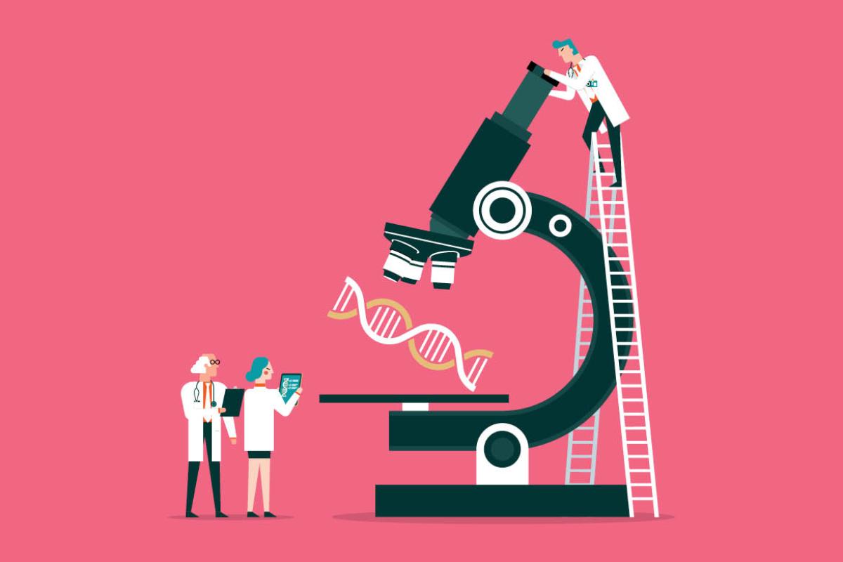 Graphic of health care workers standing by a microscope