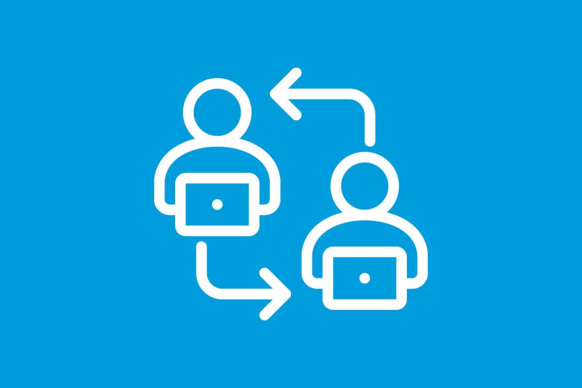 Graphic of two figures with laptops