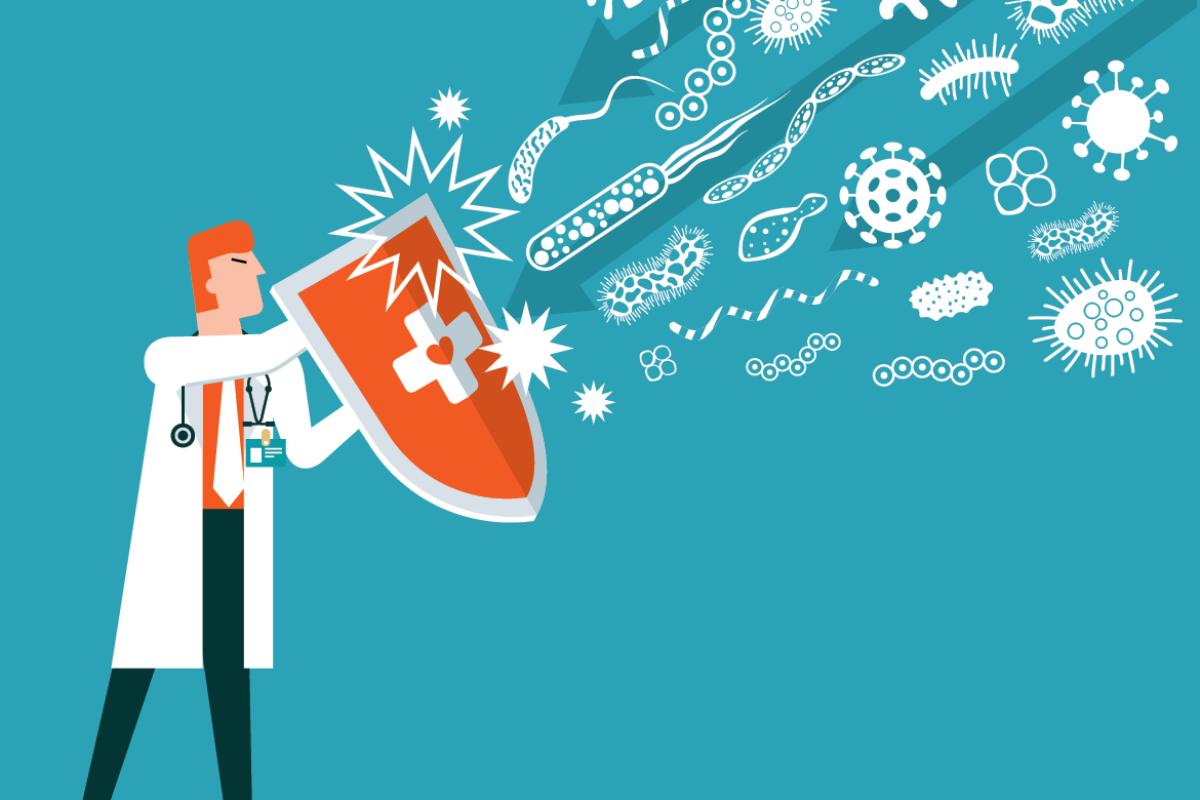 Illustration - Penicillin of a doctor fending off diseases with a shield