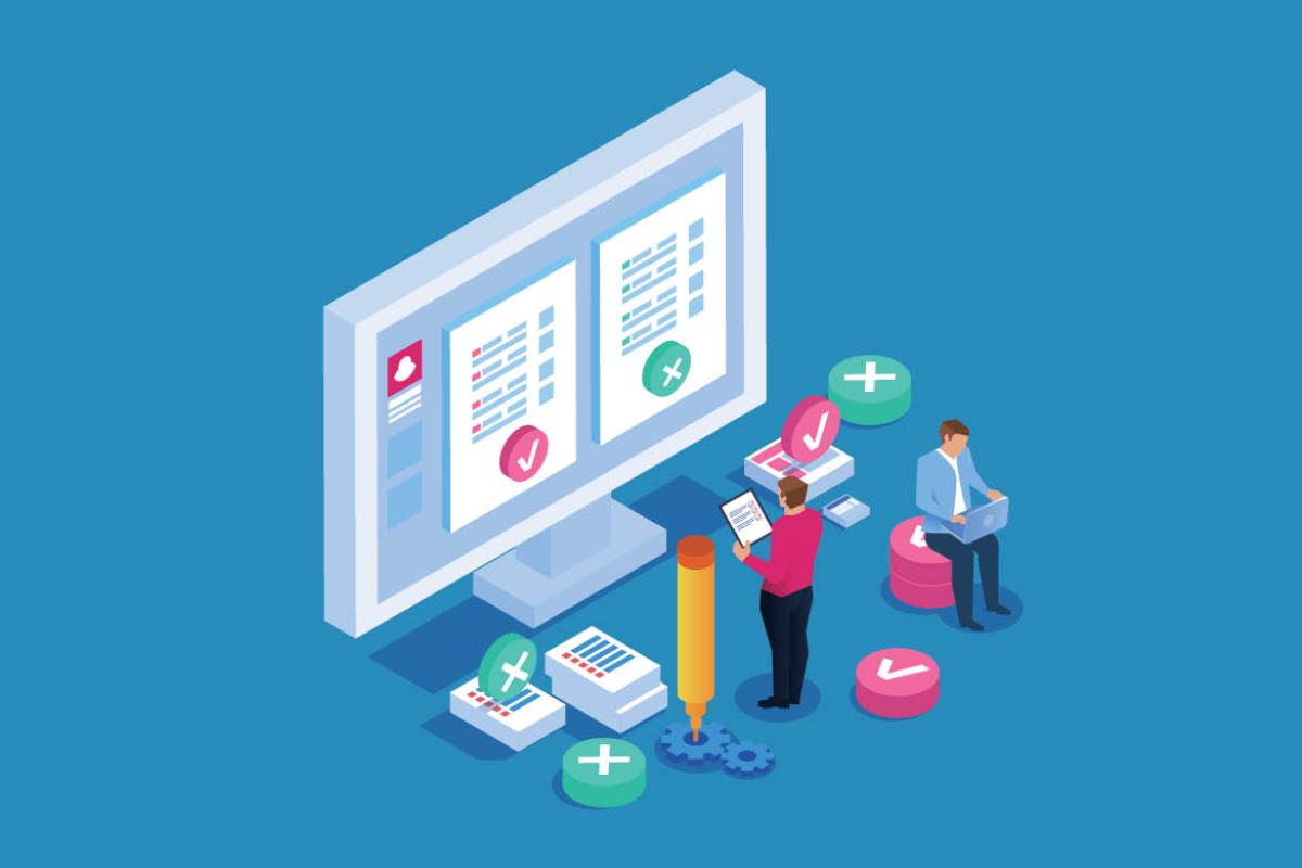 Graphic of figures in front of a computer