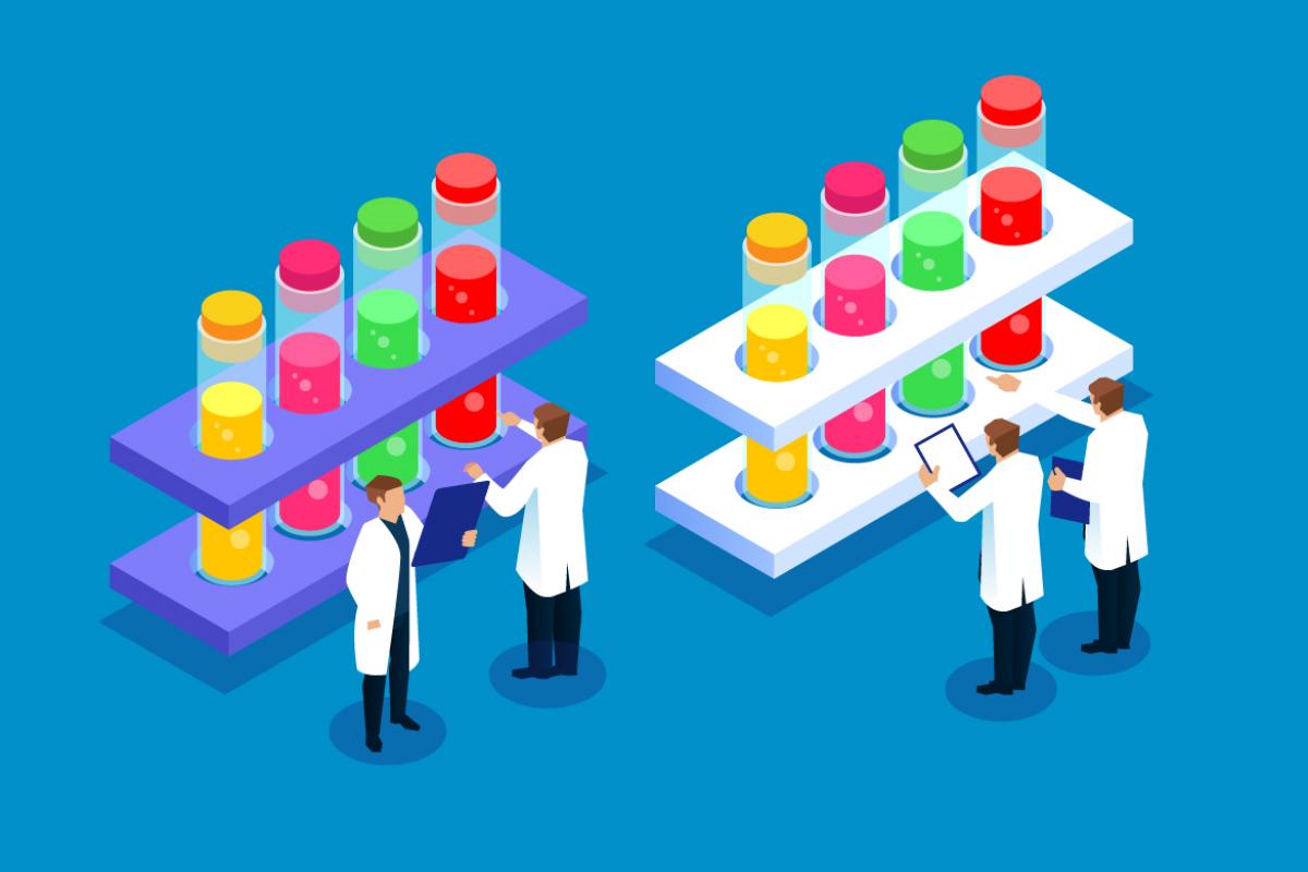 Clip art of figures in front of beakers