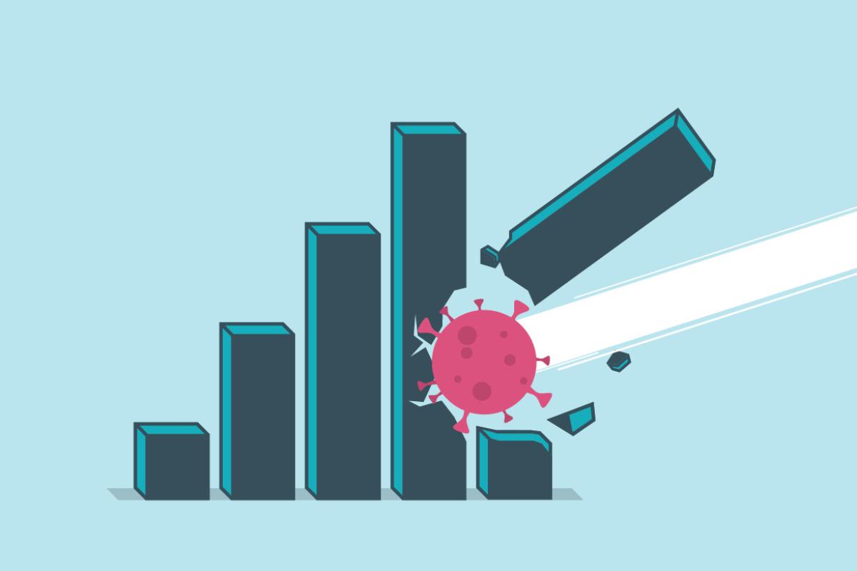 Illustration of coronavirus particle and a bar chart