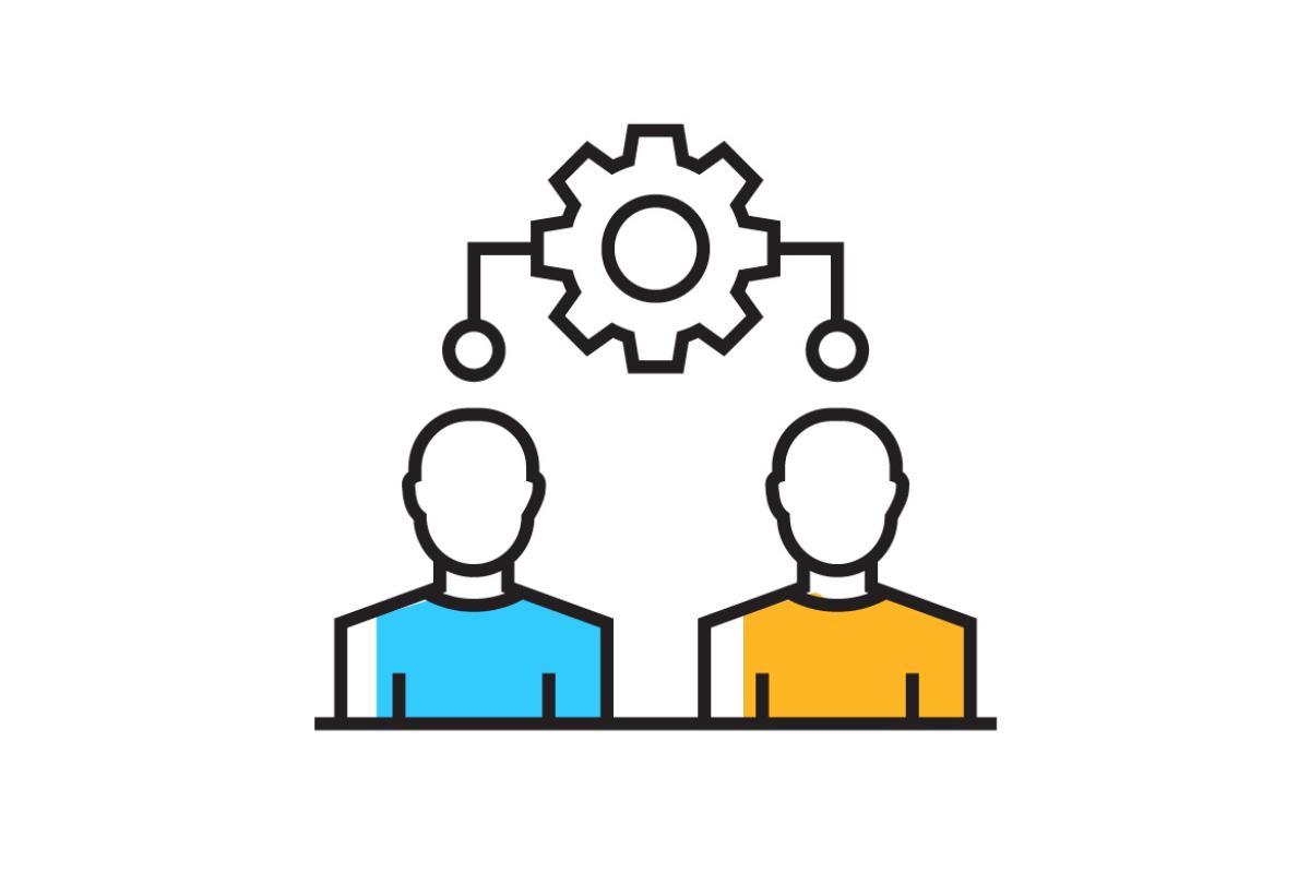 Graphic of two figures with a wheel above their heads