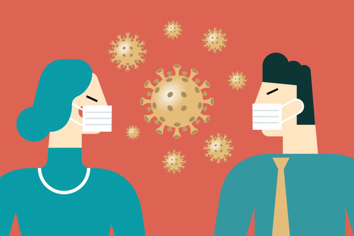 Illustration of two figures wearing face masks