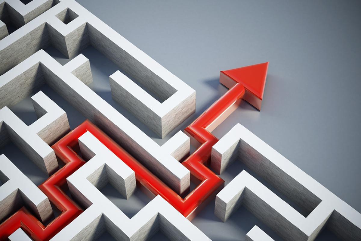 Illustration of a red arrow navigating a maze