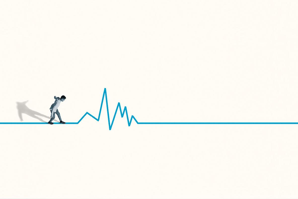 Photo illustration of a person walking a tight-rope representing a chart's zig-zagging algorithm