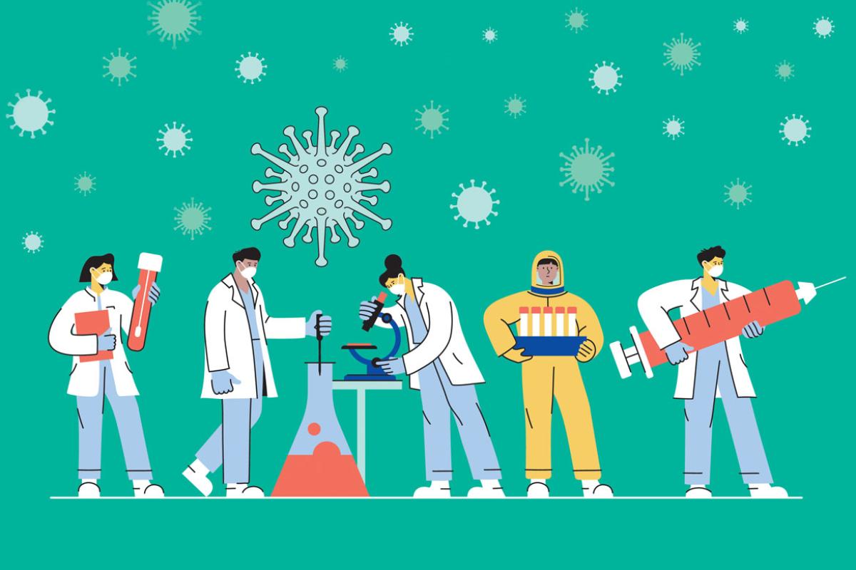 Variety of health care professionals with vials and microscope