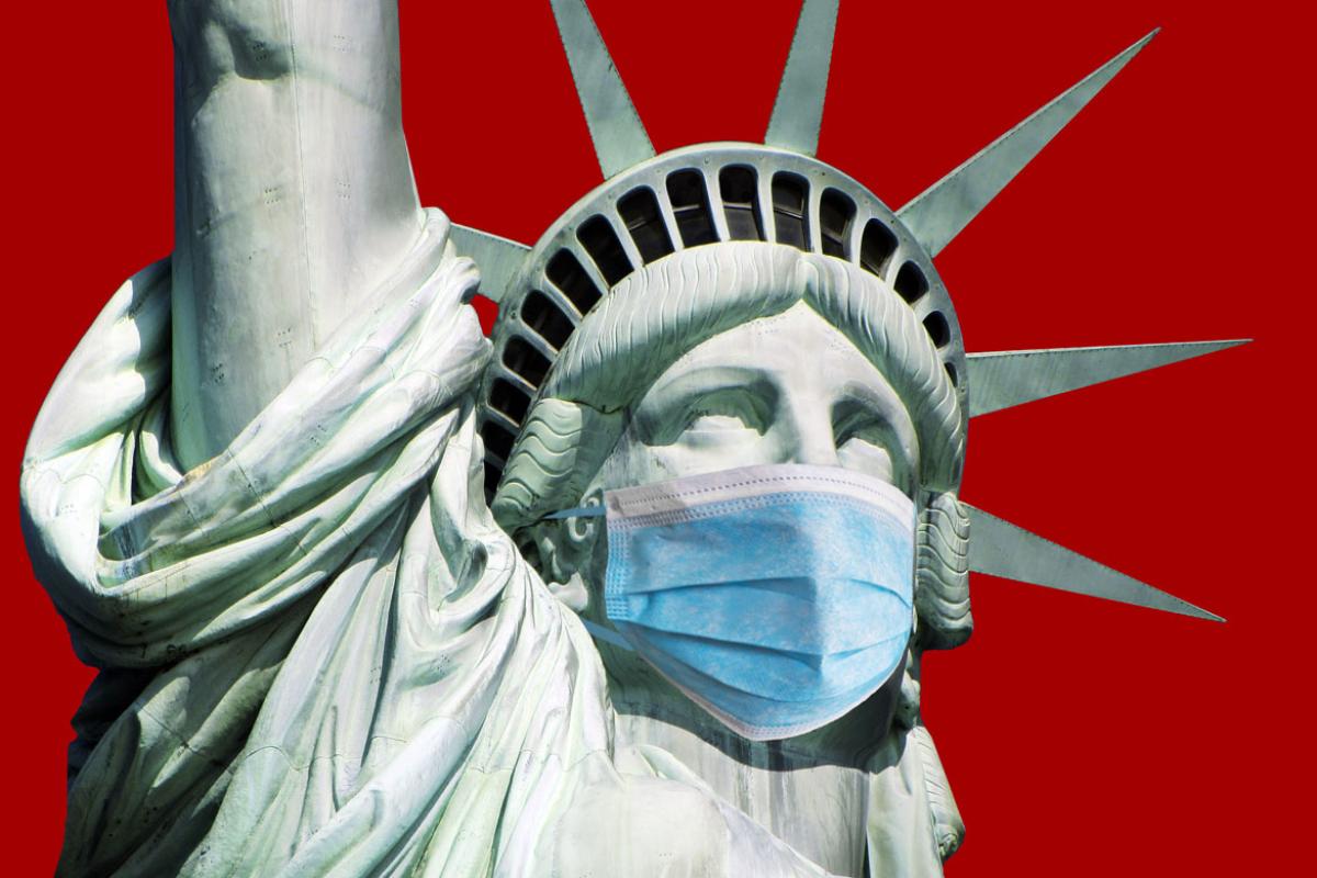 Statue of Liberty wearing a face mask