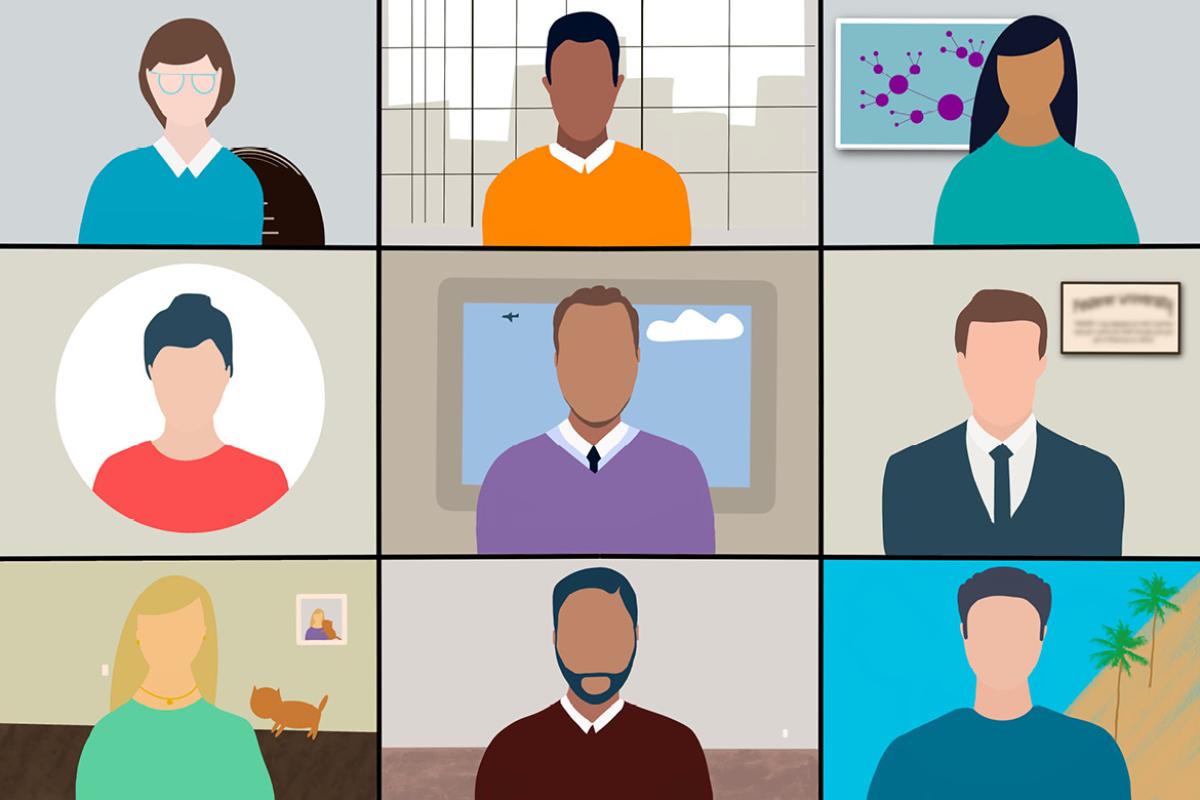 Illustration of nine people on a video teleconference.
