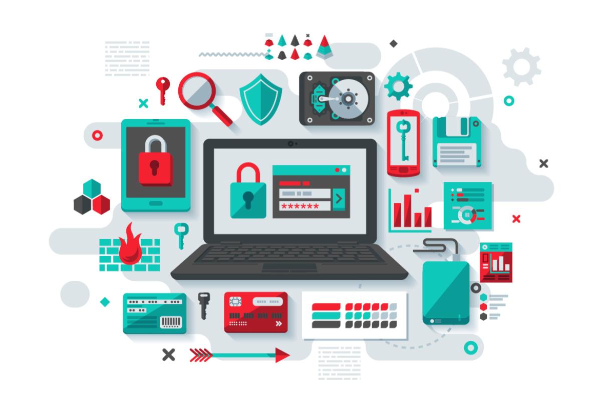 Illustration of various smart phones, computers, and devices with locks and keys, representing cyber security.