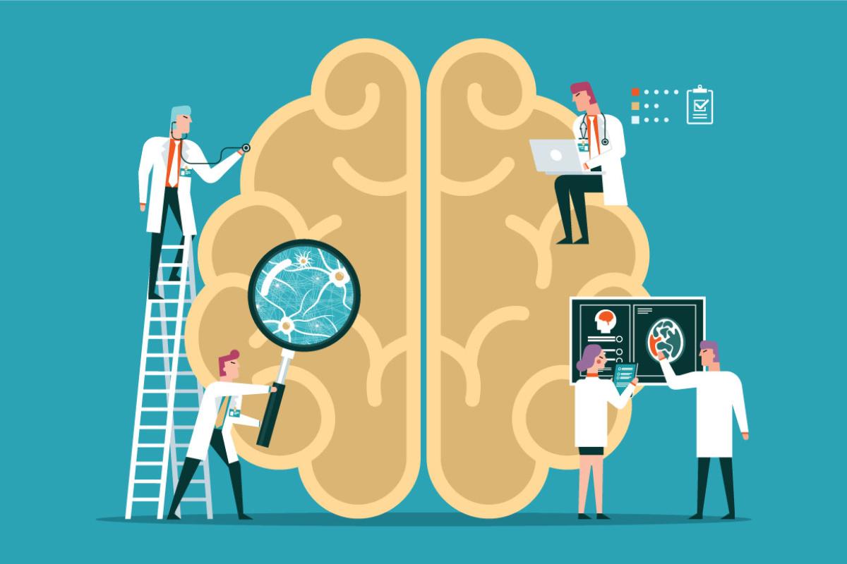 Image of brain surrounded by health care workers