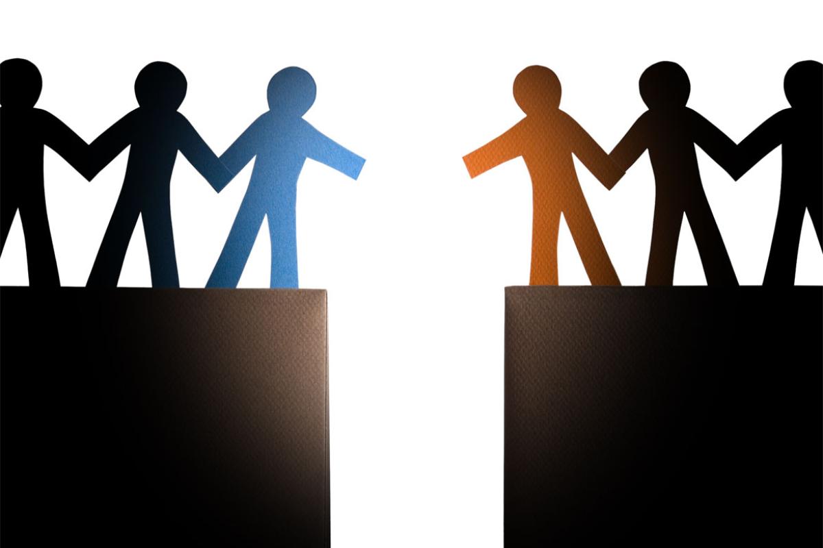 Two groups of figures approaching each other over a chasm
