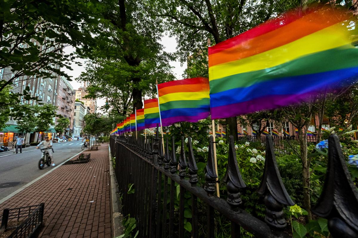 Rainbow flags lined up in a row