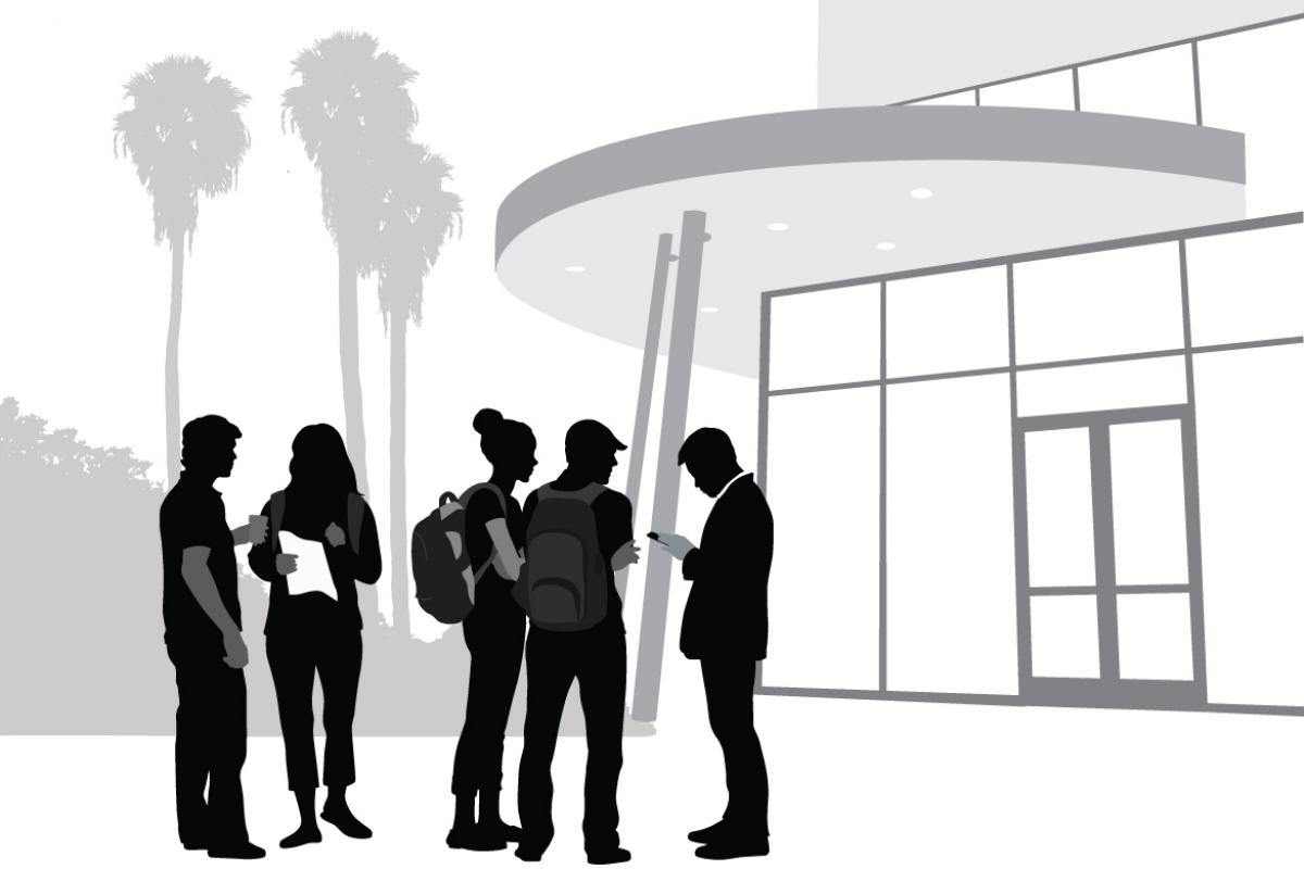 Sihouette vector illustration of a college building with students talking