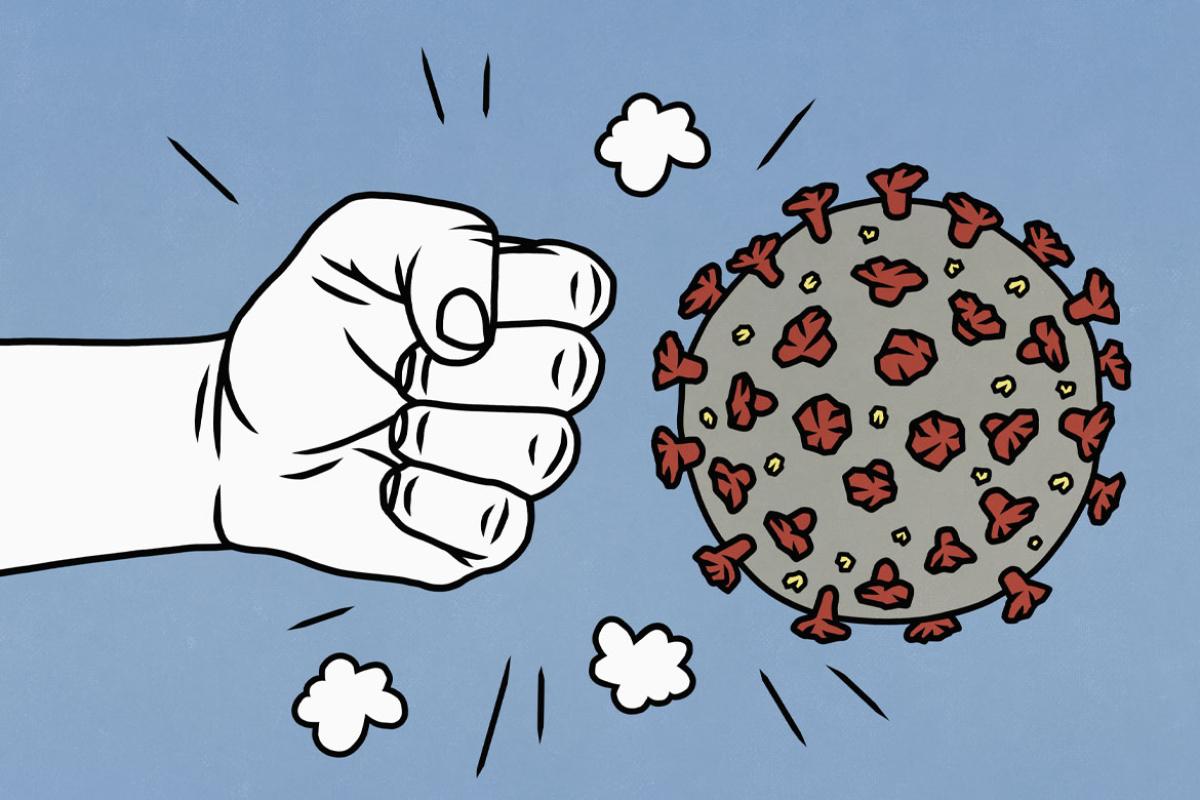 Cartoon illustration of a fist punching the coronavirus.