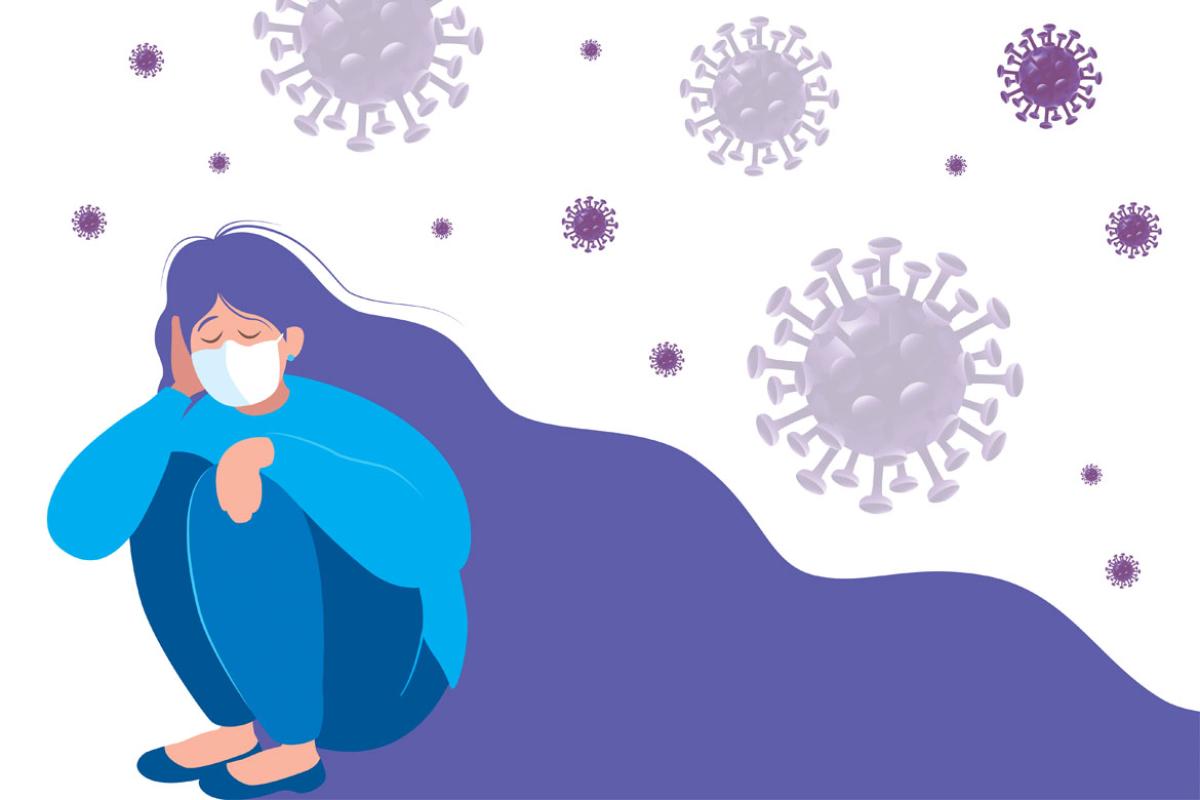 Person in mask surrounded by COVID-19 virus