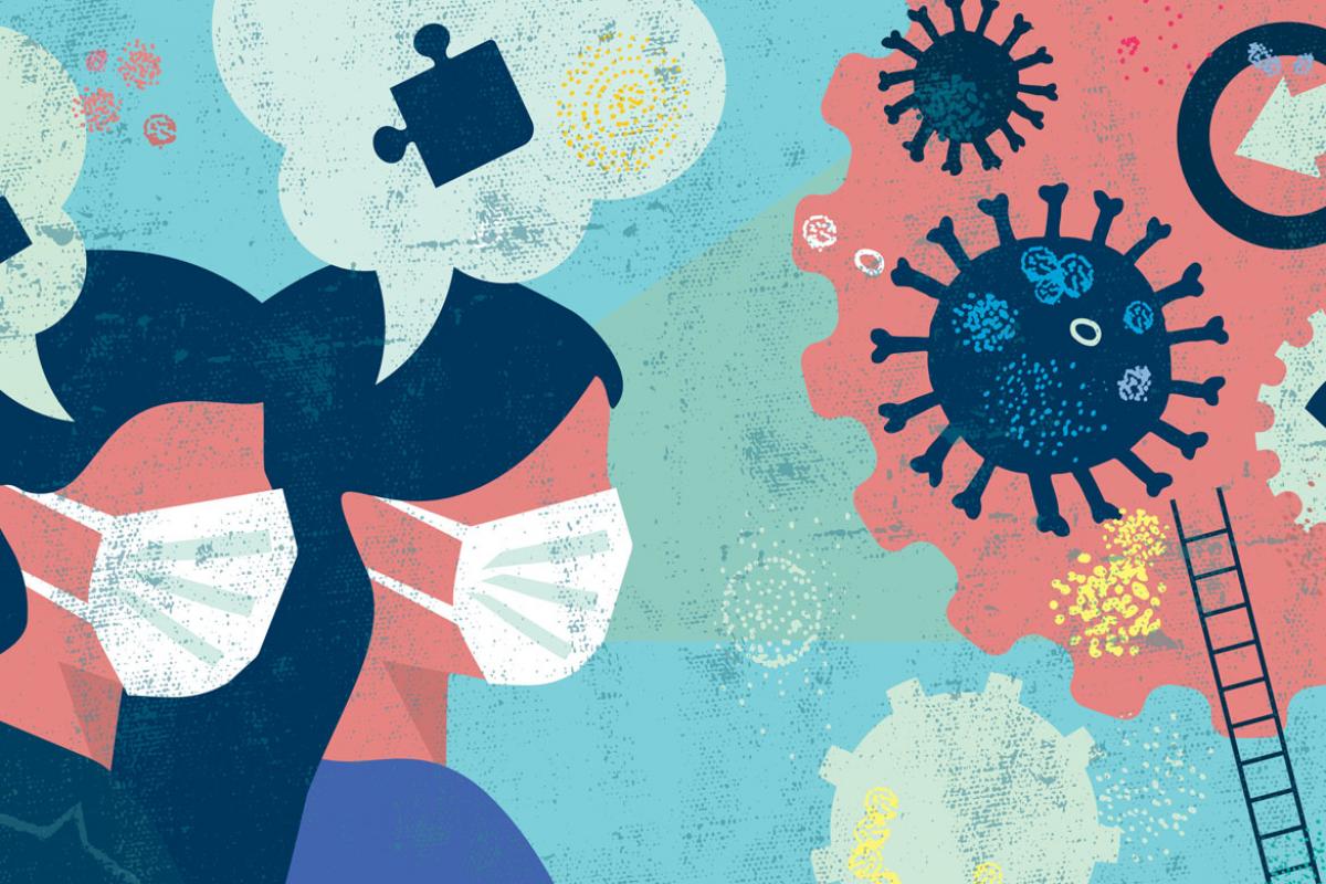 Illustration of two people wearing masks, thinking about puzzle pieces, looking at a cloud of COVID-19.