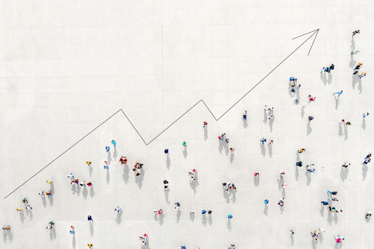 Crowd from above forming a growth graph
