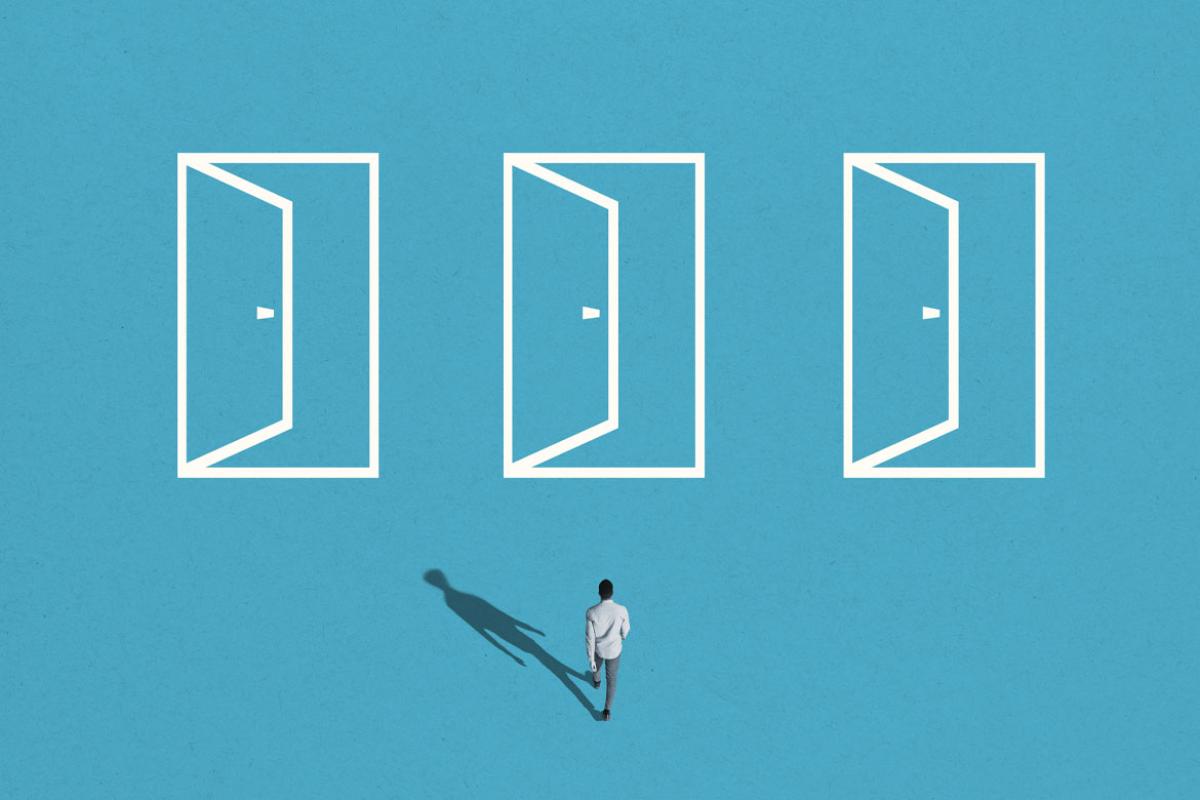 Illustration of man choosing between three doors.