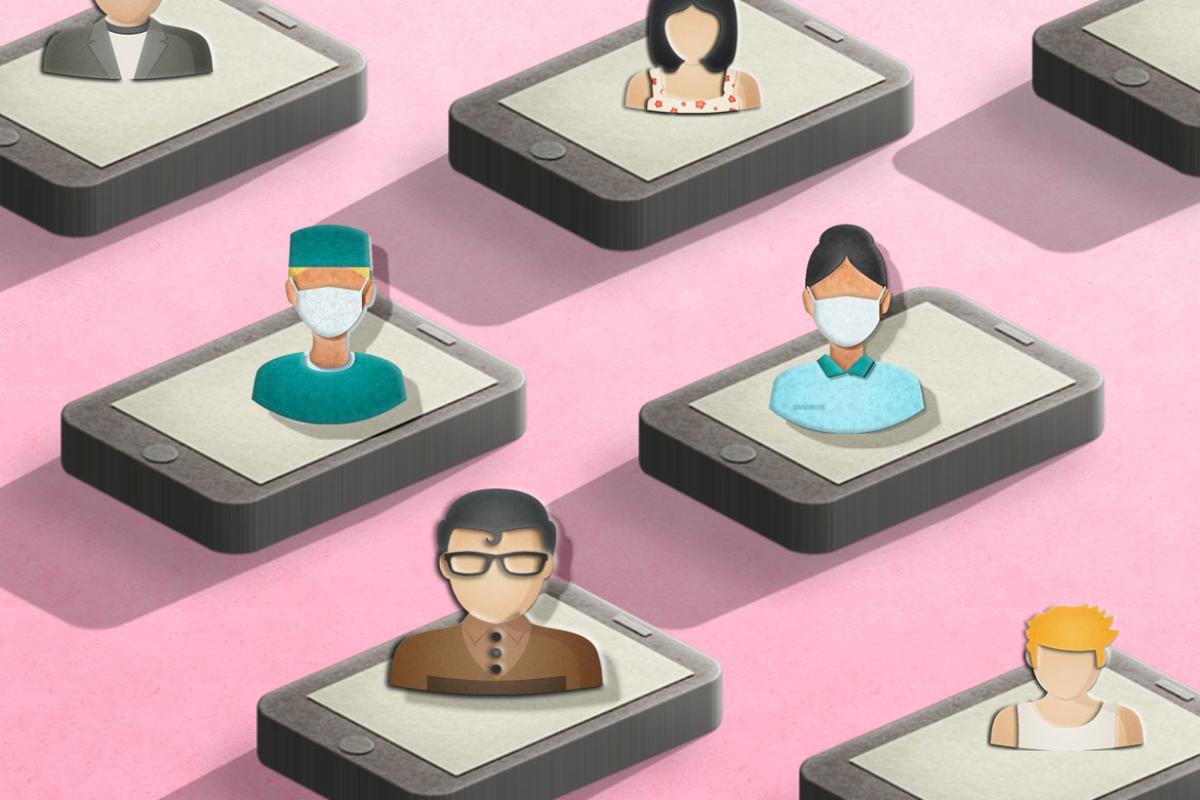 Illustration of a number of smart phones with health care workers, seen from the head and shoulders, appearing out of each of the phones.