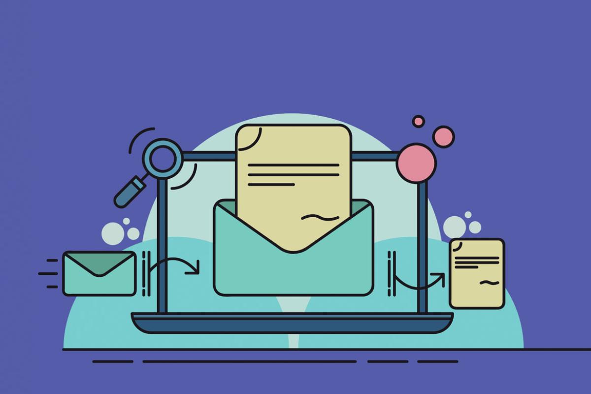 Illustration of documents and letters on a laptop