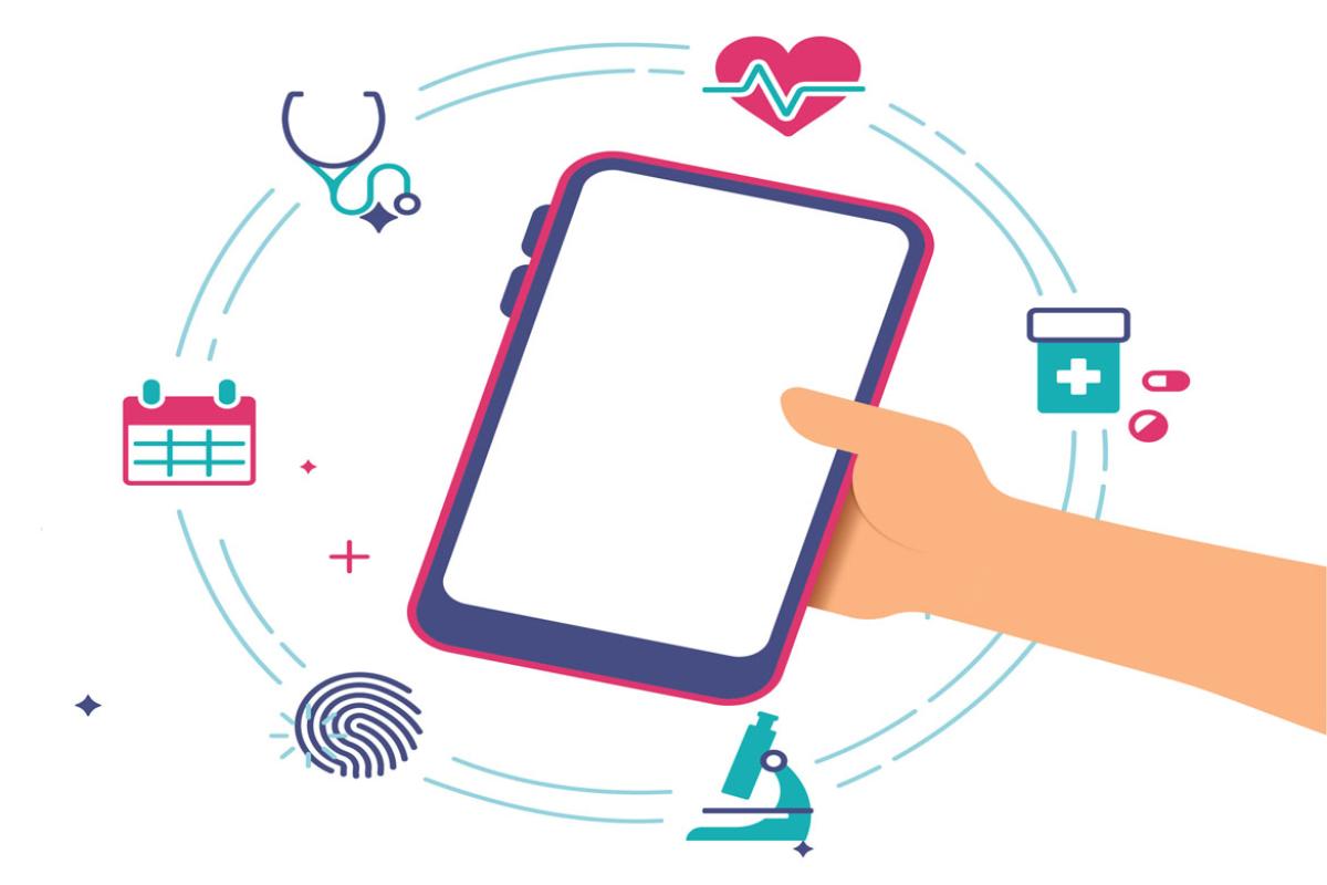 Smart device surrounded by health care icons