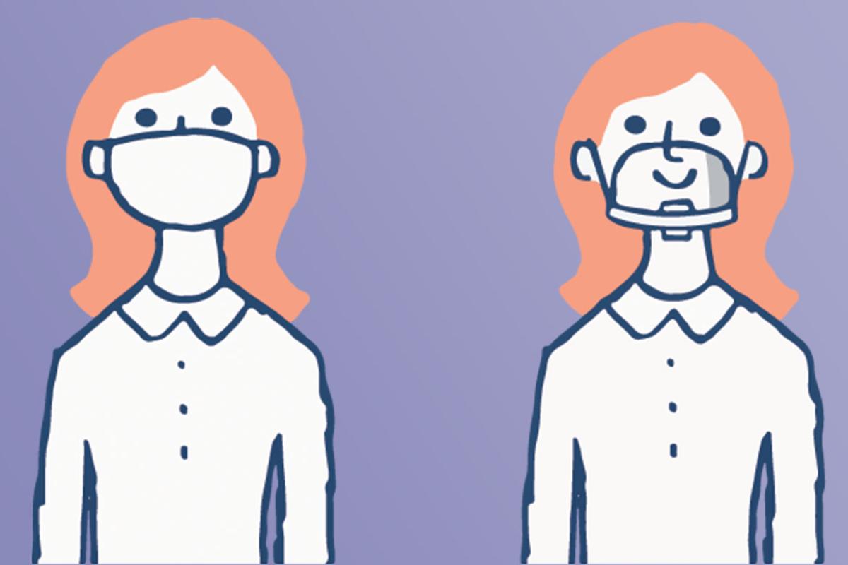 Two figures, one wearing a clear face mask 