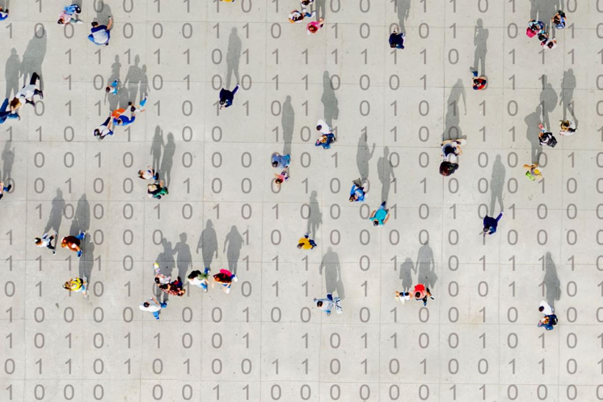 Crowd walking over binary code