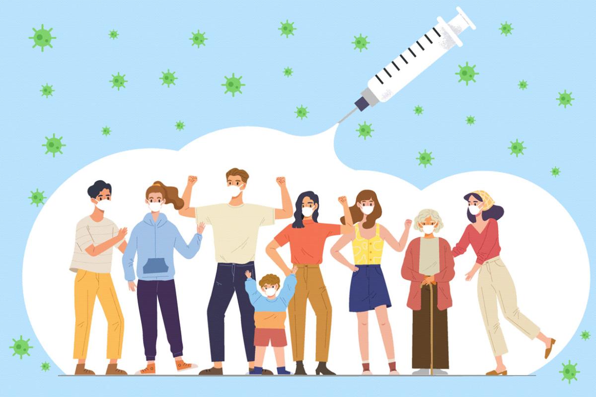 Illustration of group of diverse people wearing masks in a bubble with a vaccine syringe above the bubble.